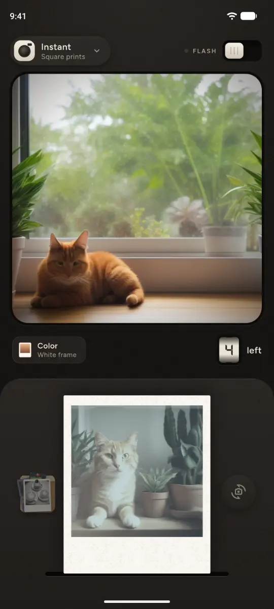 The Instant camera in Corkie: the viewfinder above, a square print just out and developing below it