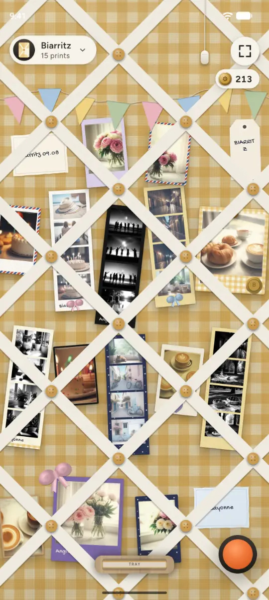 A gingham memo board in Corkie with booth strips and prints under its ribbons