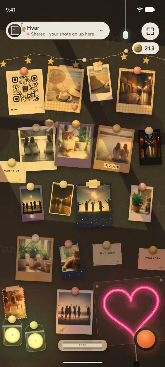The shared board Hvar in Corkie: its invite with a QR code pinned at the top, friends' prints and notes around it